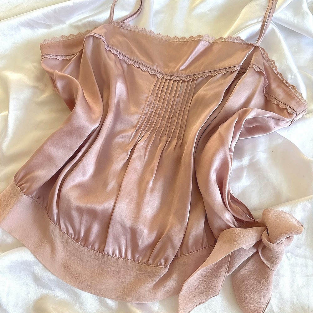 Gap 100% Silk Camisole Top Dusty Rose Pink Lace Trim Pintuck Side Tie Medium